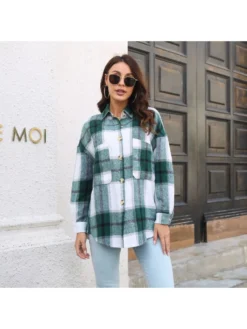 Casual Plaid Button Up Coats For Women