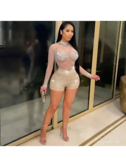 Sexy See Through Hot Drilling Long Sleeve Rompers