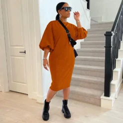 Casual Pure Color Lantern Sleeve Sweater Long Sleeve Dress