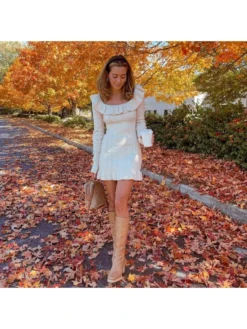 Fall Solid Long Sleeve White Sweater Dress