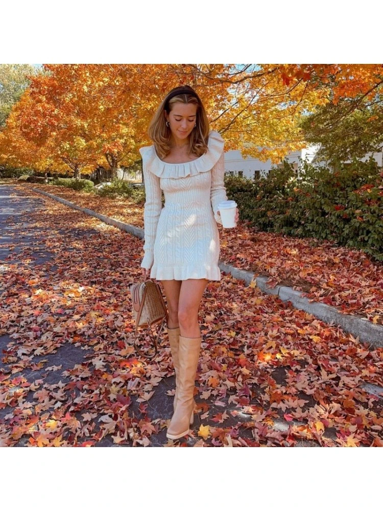Fall Solid Long Sleeve White Sweater Dress