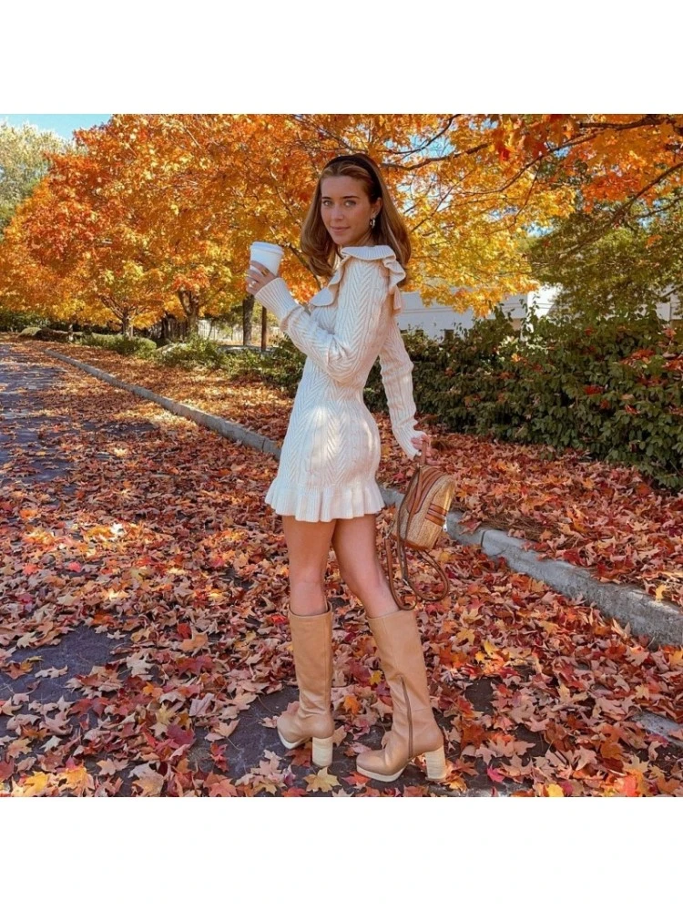 Fall Solid Long Sleeve White Sweater Dress - Image 2