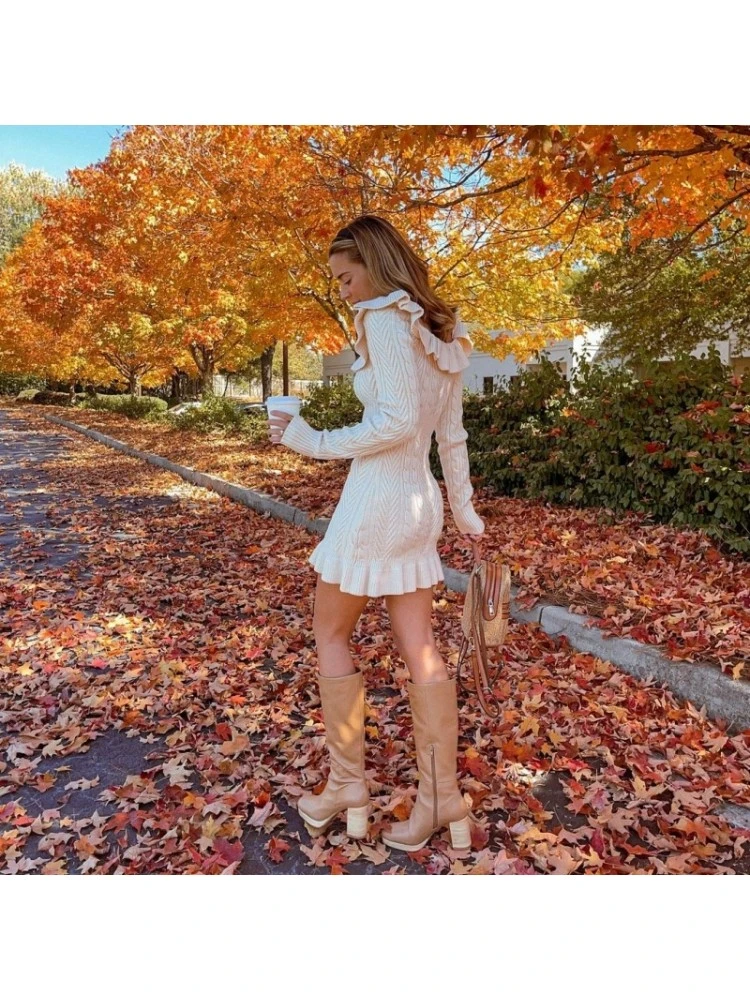 Fall Solid Long Sleeve White Sweater Dress - Image 3
