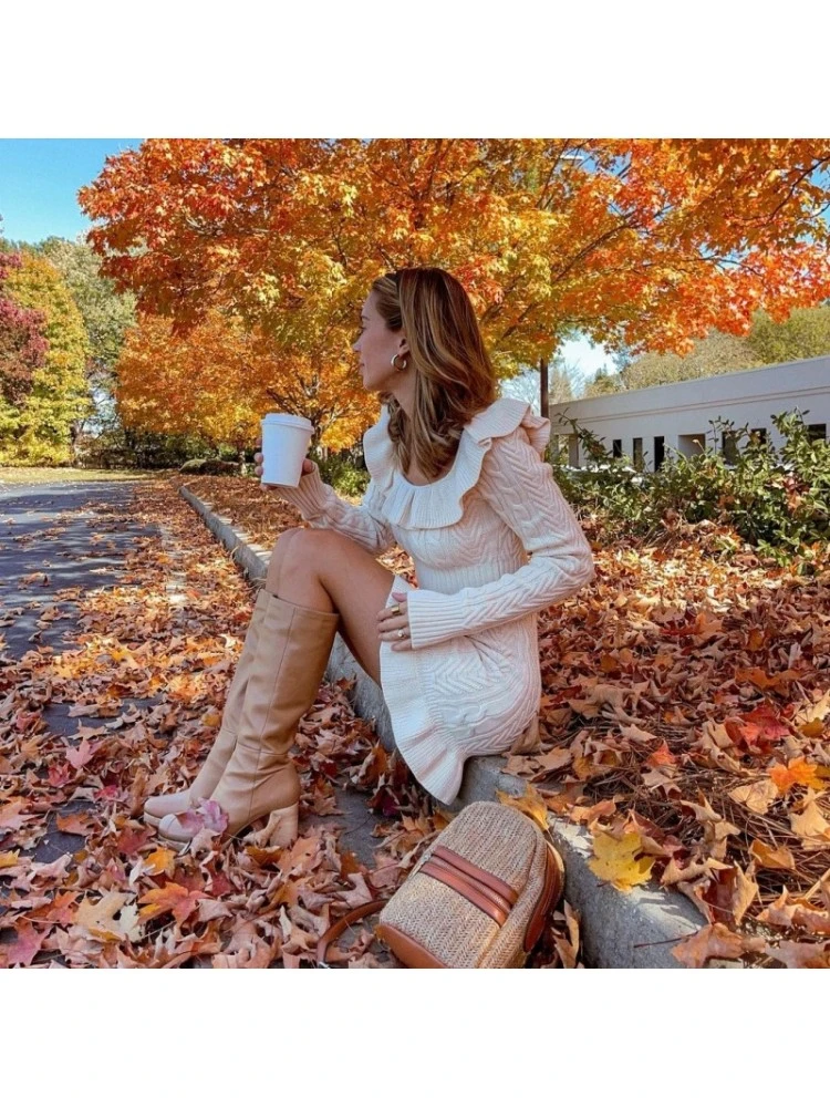 Fall Solid Long Sleeve White Sweater Dress - Image 4