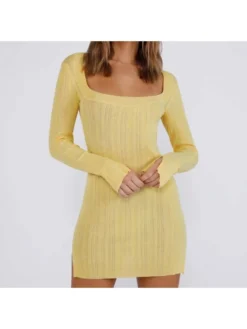 Square Neck Yellow Solid Long Sleeve Mini Dress