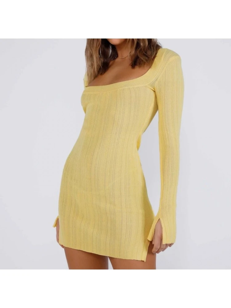 Square Neck Yellow Solid Long Sleeve Mini Dress - Image 2