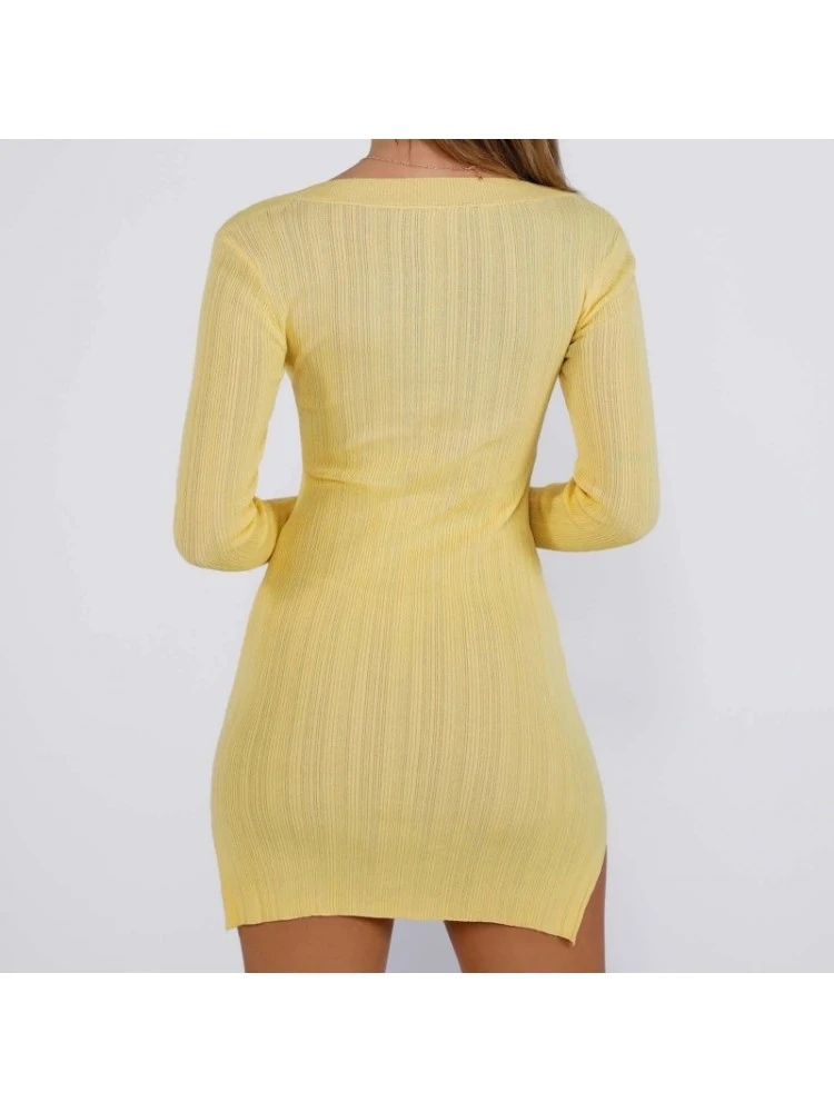 Square Neck Yellow Solid Long Sleeve Mini Dress - Image 3