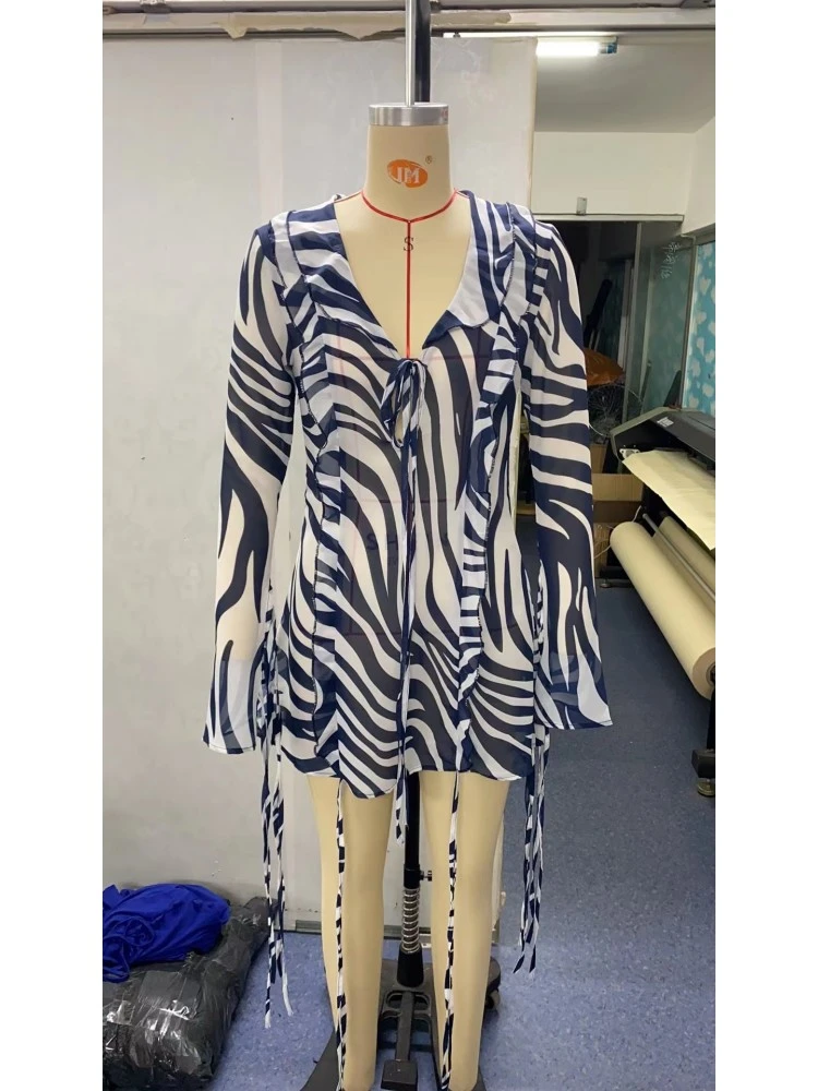 Temperament Ruffled Striped Strap Blue Long Sleeve Dress - Image 3