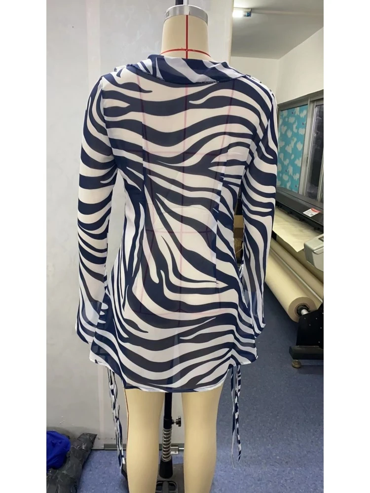 Temperament Ruffled Striped Strap Blue Long Sleeve Dress - Image 4