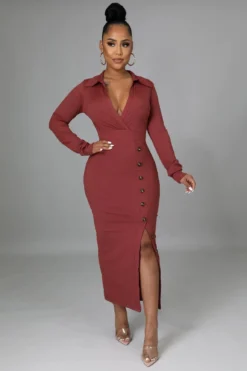 Pure Color Split Hem Long Sleeve Women's Dress