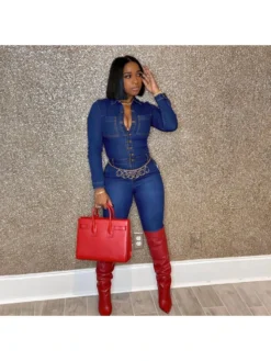 Button Up Denim Blue Skinny Jumpsuits
