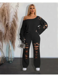 Casual Ripped Hollowed Out Pure Color Trouser Suit