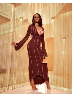 Patchwork V Neck Tie Wrap Flare Sleeve Maxi Dress