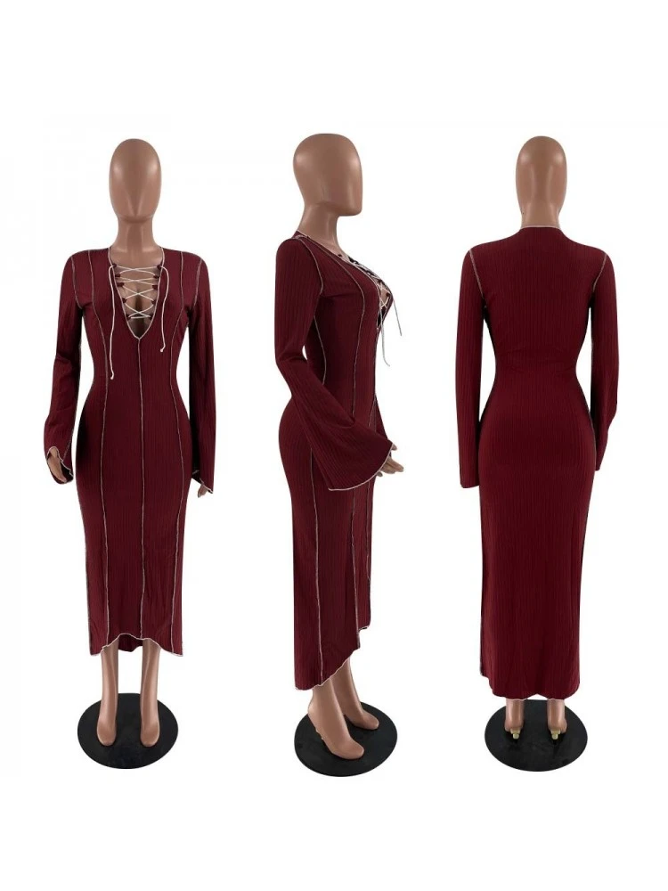 Patchwork V Neck Tie Wrap Flare Sleeve Maxi Dress - Image 3