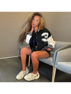 Black Patchwork Baseball Jackets For Women