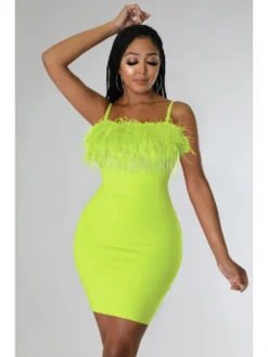 Feather Patchwork Spaghetti Straps Rhinestone Tassels Mini Dress