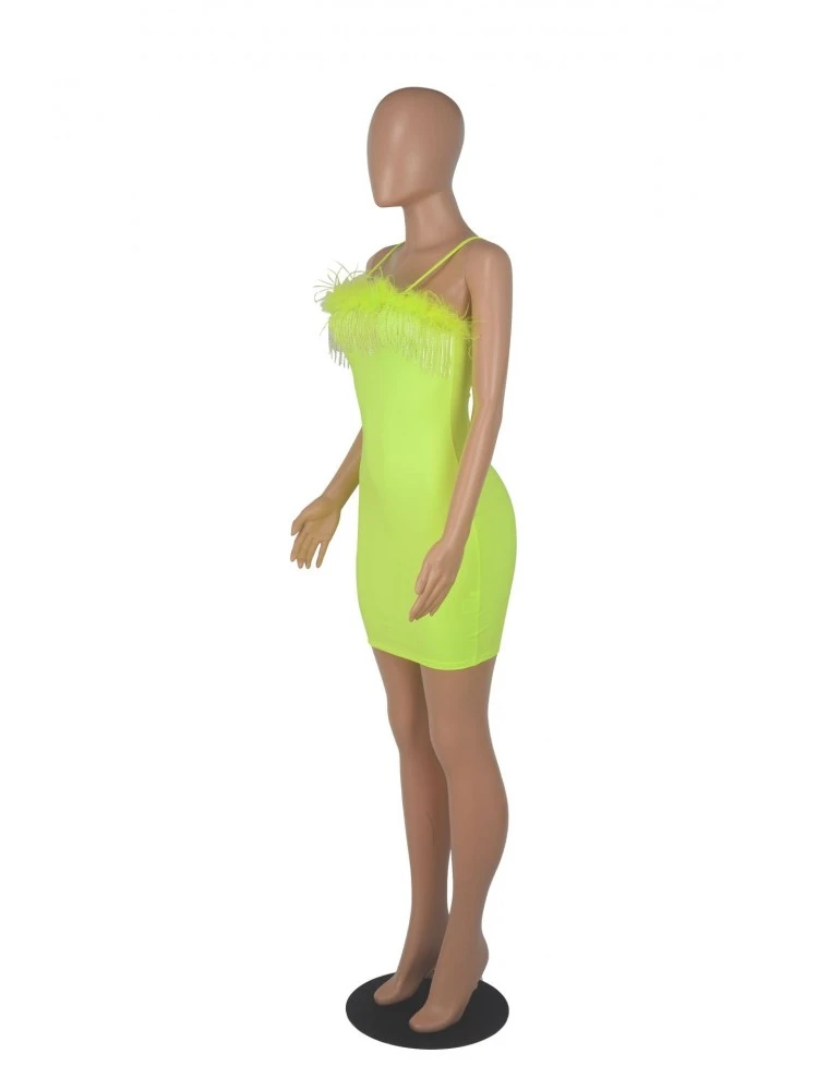 Feather Patchwork Spaghetti Straps Rhinestone Tassels Mini Dress - Image 4