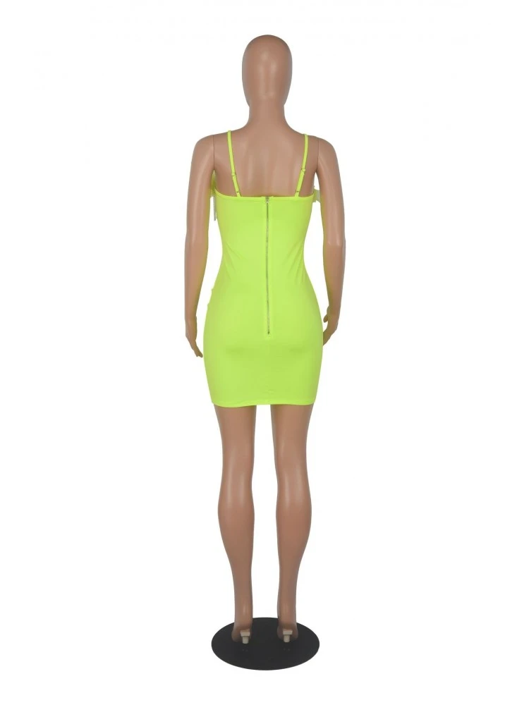 Feather Patchwork Spaghetti Straps Rhinestone Tassels Mini Dress - Image 5