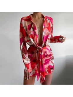 Casual Digital Printing Red Long Sleeve Dress