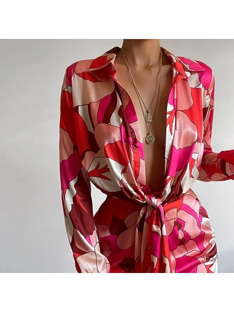 Casual Digital Printing Red Long Sleeve Dress - Image 2