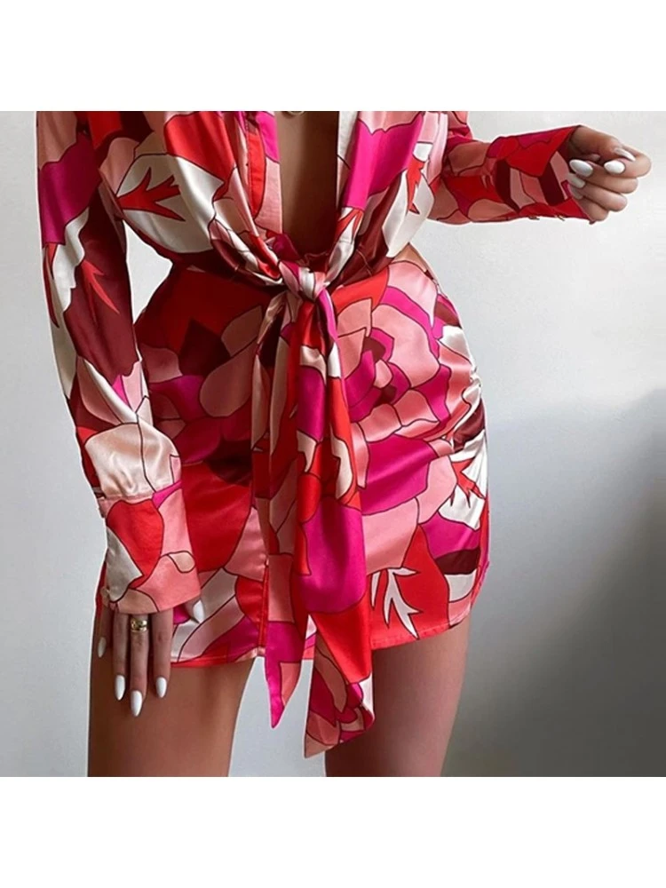 Casual Digital Printing Red Long Sleeve Dress - Image 3