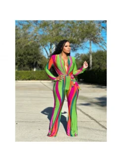 V Neck Color Block Women Long Sleeve Jumpsuits