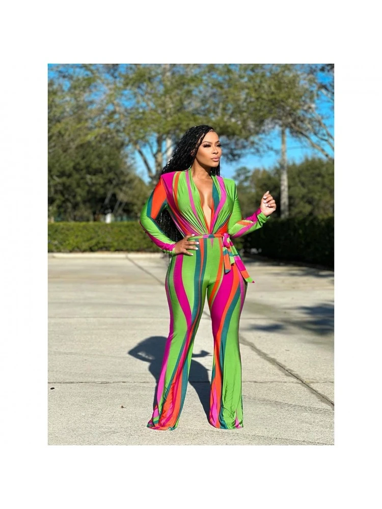 V Neck Color Block Women Long Sleeve Jumpsuits
