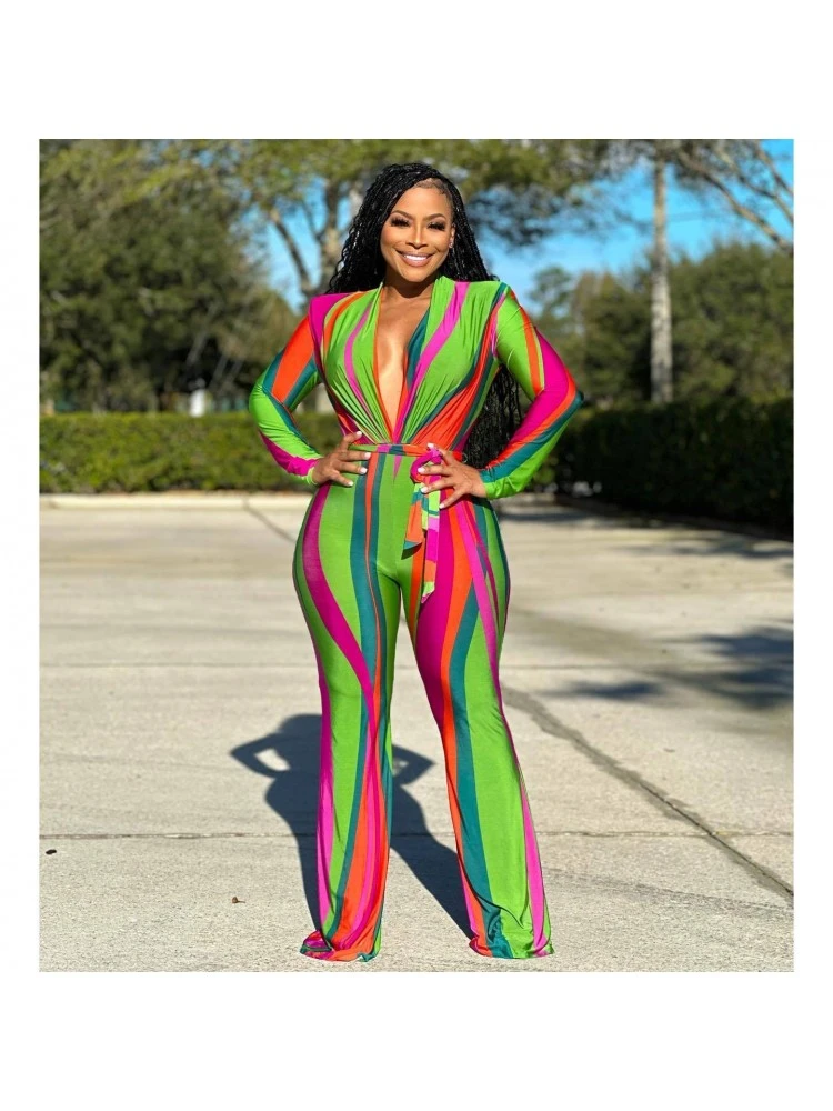 V Neck Color Block Women Long Sleeve Jumpsuits - Image 2