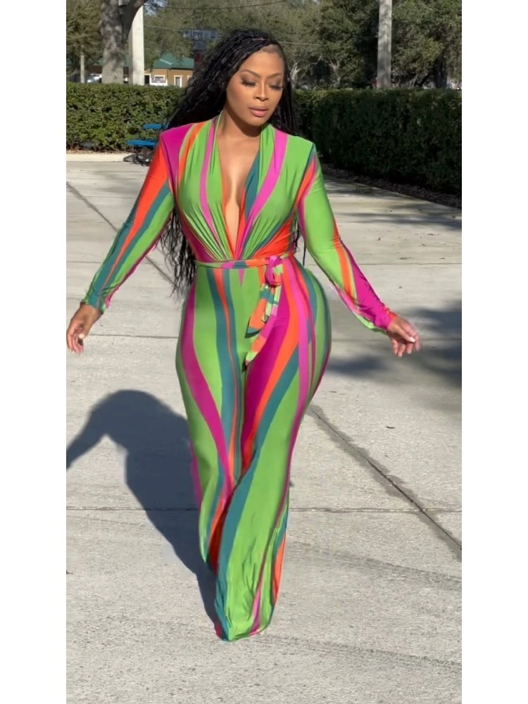 V Neck Color Block Women Long Sleeve Jumpsuits - Image 5