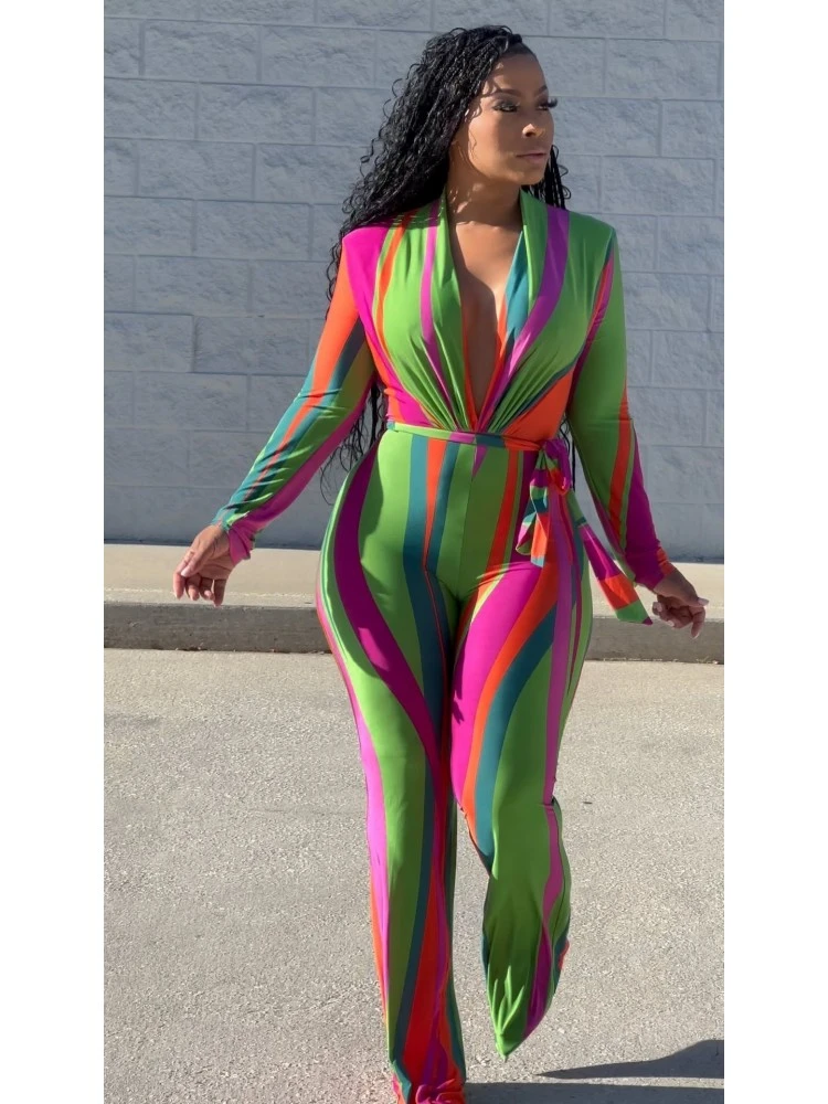 V Neck Color Block Women Long Sleeve Jumpsuits - Image 6