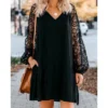 Casual Loose V Neck Puff Sleeve Short Dress
