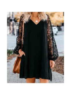 Casual Loose V Neck Puff Sleeve Short Dress