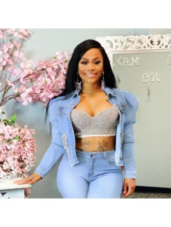 Fashion Pure Color Beading Denim Jacket Female