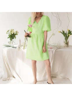 Casual Puff Sleeve V Neck Cotton Linen Short Dress