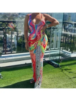 Summer Tie Dyed Red Sleeveless Long Dress Women