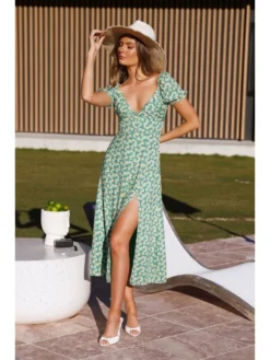 Summer V-Neck Split Hem Floral Green Dress