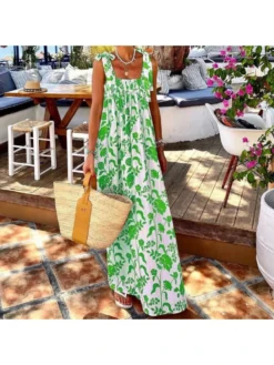 Loose Printed Sleeveless Vacation Maxi Dress