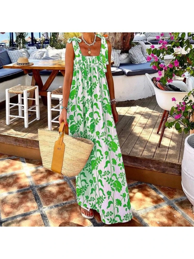 Loose Printed Sleeveless Vacation Maxi Dress
