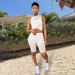 Turtle Neck Plain Sleeveless 2 Piece Sets For Women