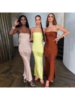 Women Backless Lace Patchwork Maxi Dresses