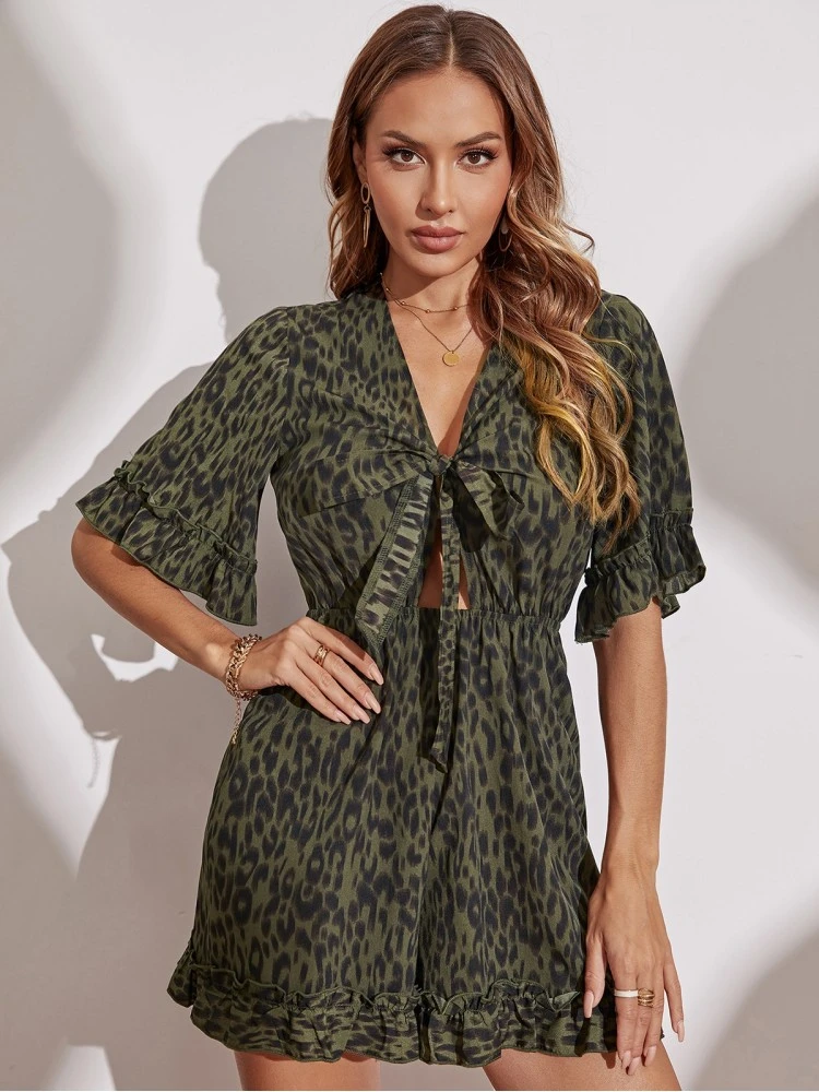 Green Leopard Tie Wrap One Piece Summer Rompers
