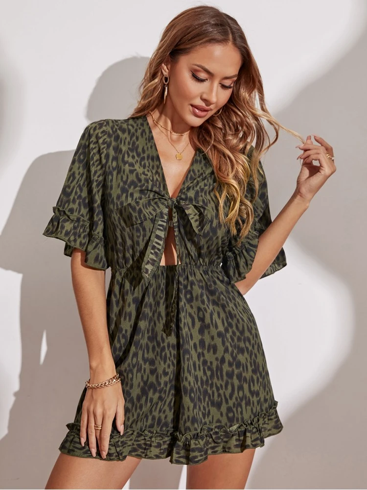 Green Leopard Tie Wrap One Piece Summer Rompers - Image 2