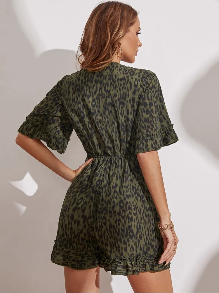 Green Leopard Tie Wrap One Piece Summer Rompers - Image 4