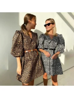 Fall Puff Sleeve Leopard Women Dress