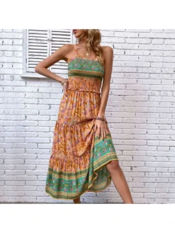 Bohemian Style Orange Floral Ruffled Maxi Strapless Dress