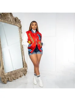 Women Color Block Printed Pockets Spring Baseball Jacket Coats