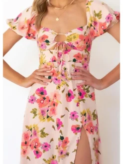 Ladies Puff Sleeve Split Hem Floral Midi Dress