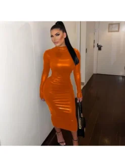 2023 Fashion Leather Long Sleeve Tight Maxi Dress