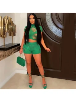 Mock Neck Ripped Matching Women 2 Piece Short Sets