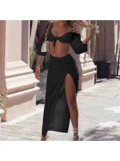 Sexy Pure Color Split Hem Skirt Set Female